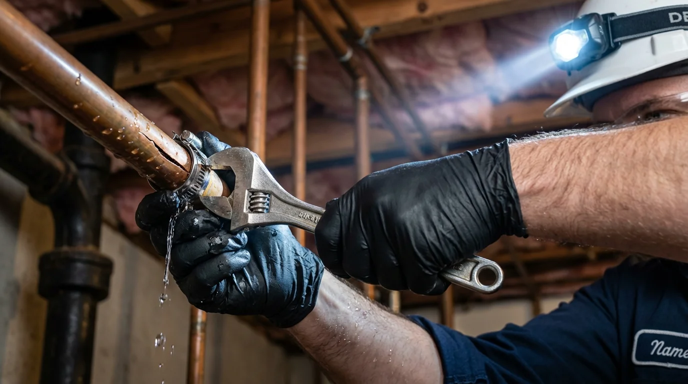 Emergency pipe clamp repair being performed by a Johns Plumbing LLC plumber in New Haven