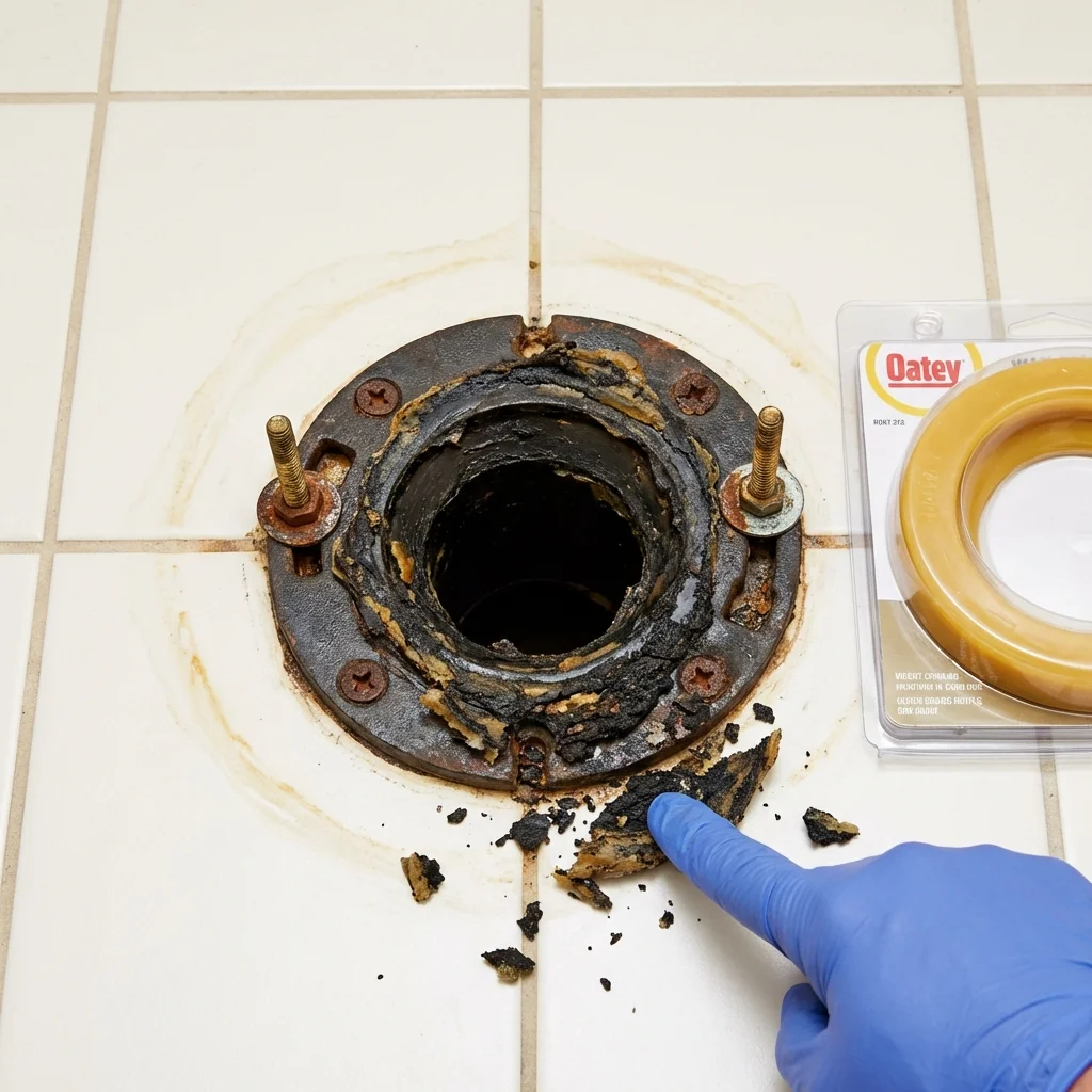 Failed wax ring showing water seepage at the base of a toilet in a New Haven, MI home