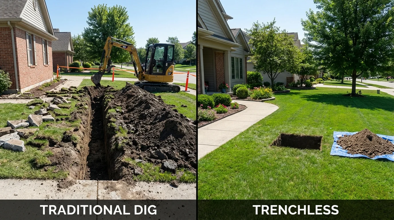 Trenchless sewer repair with minimal yard damage versus traditional excavation in New Haven, MI