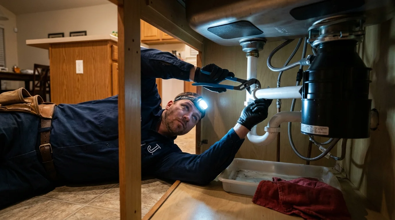 P-trap and supply line connections under a kitchen sink showing a common leak point in New Haven, MI